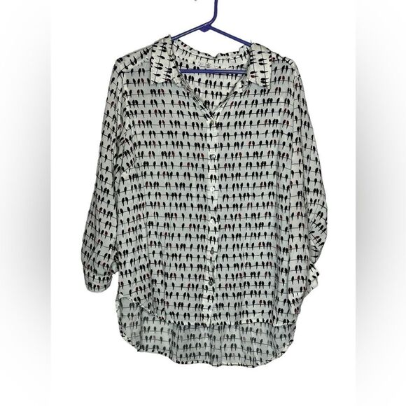 Jane & Delancy  black & white &  multicolor parrots button down top size 1X - Picture 1 of 6